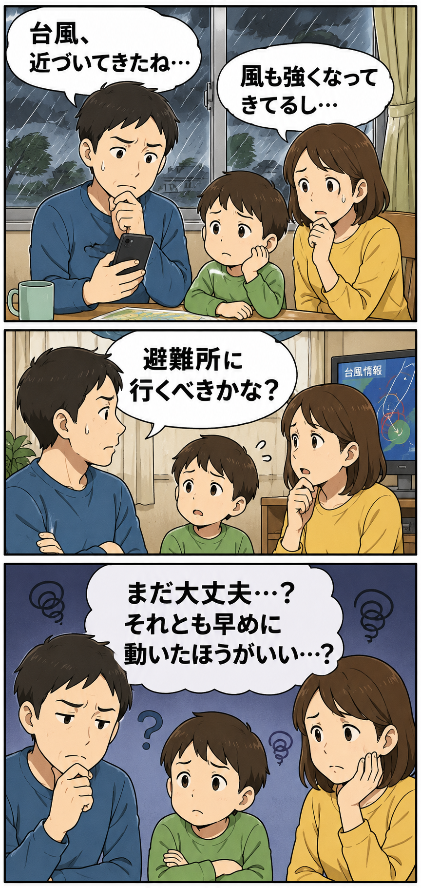 台風接近時に避難するか家にいるか迷う家族を描いた冒頭漫画