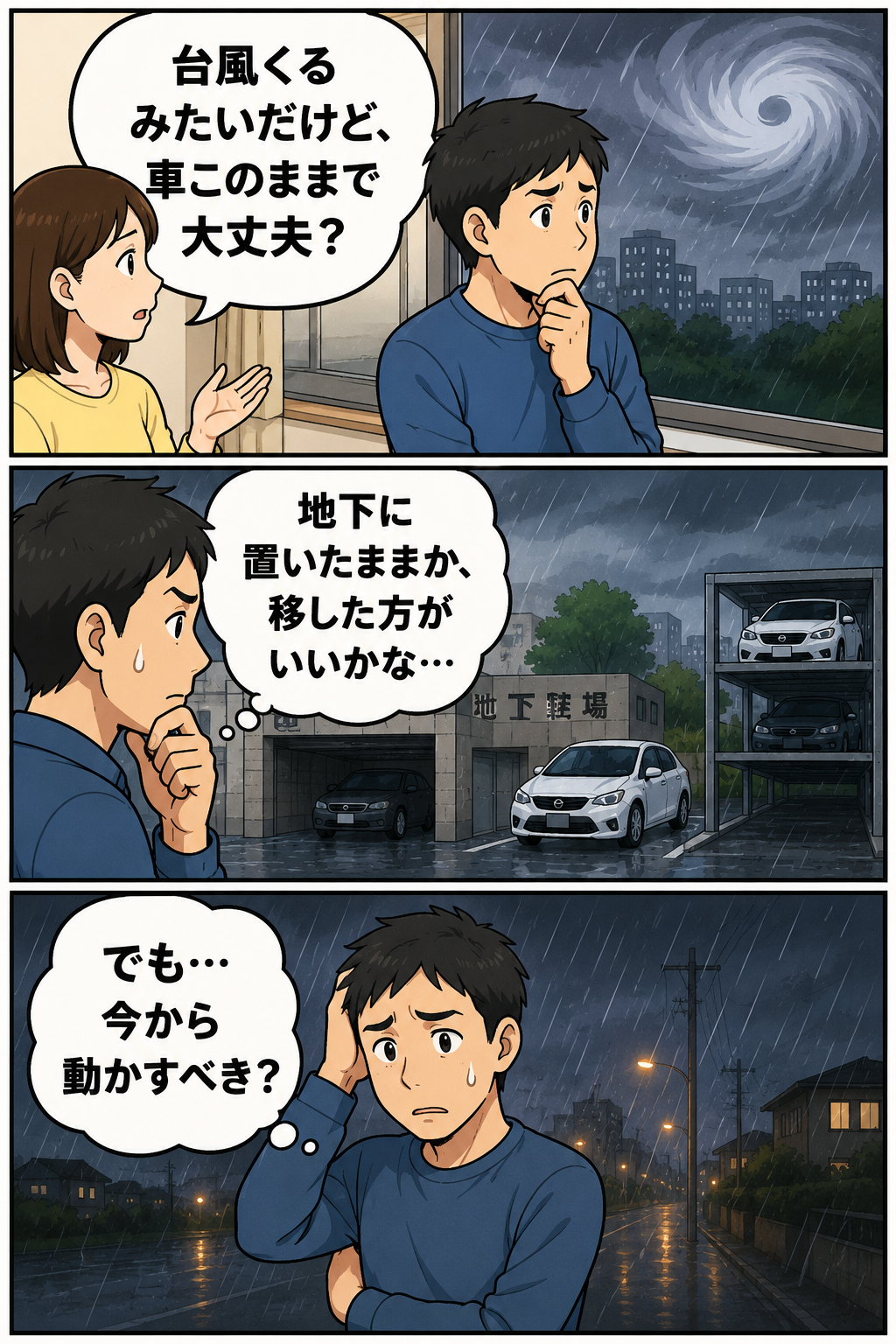 台風前に車をどこへ置くべきか迷う家族の漫画