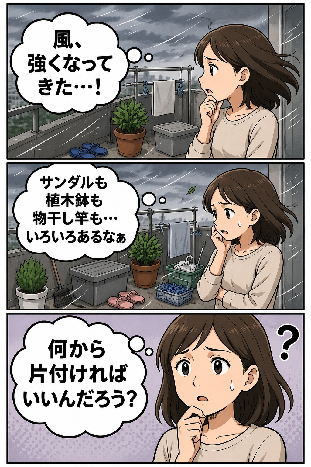 台風前のベランダで、サンダルや植木鉢などを見ながら何から片付けるべきか悩む女性