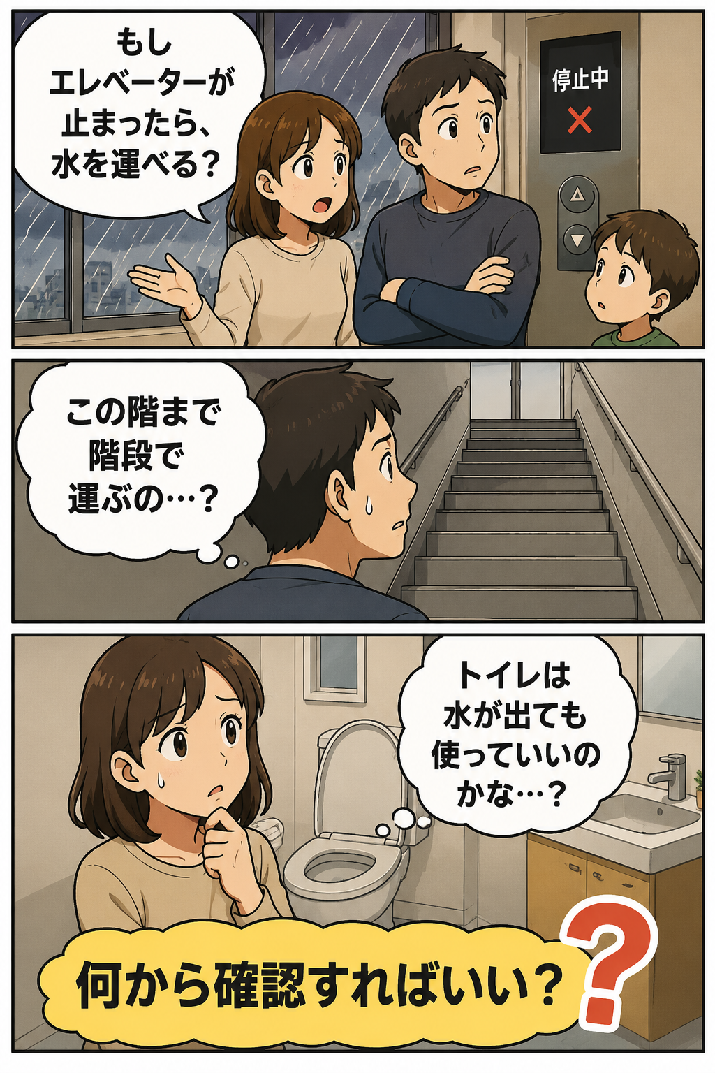 台風でマンションのエレベーターが止まった時に水運びとトイレの確認に迷う家族の漫画
