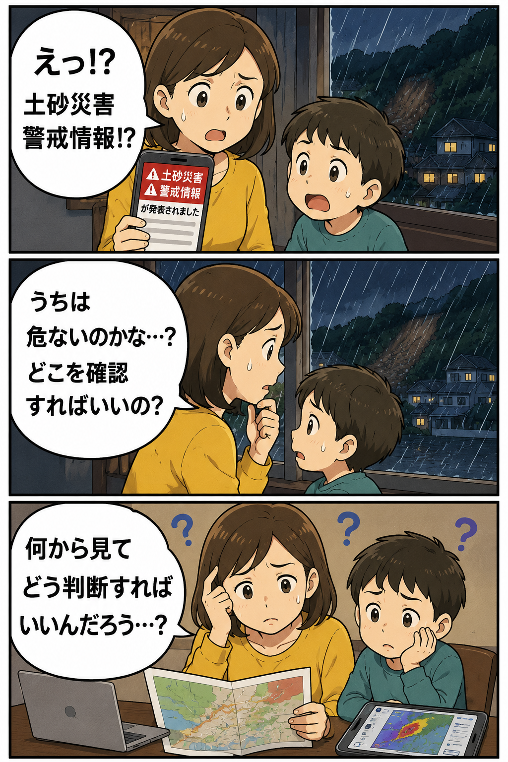 土砂災害警戒情報を見て何から確認すればよいか迷う親子の3コマ漫画