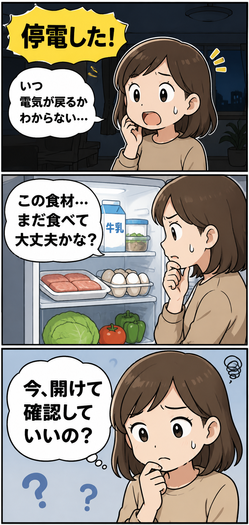 停電中に冷蔵庫を開けて食材を確認してよいか迷う女性の3コマ漫画