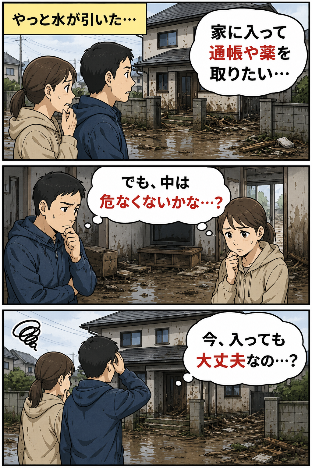 浸水後の家へ通帳や薬を取りに入りたいが安全か迷う夫婦の3コマ漫画