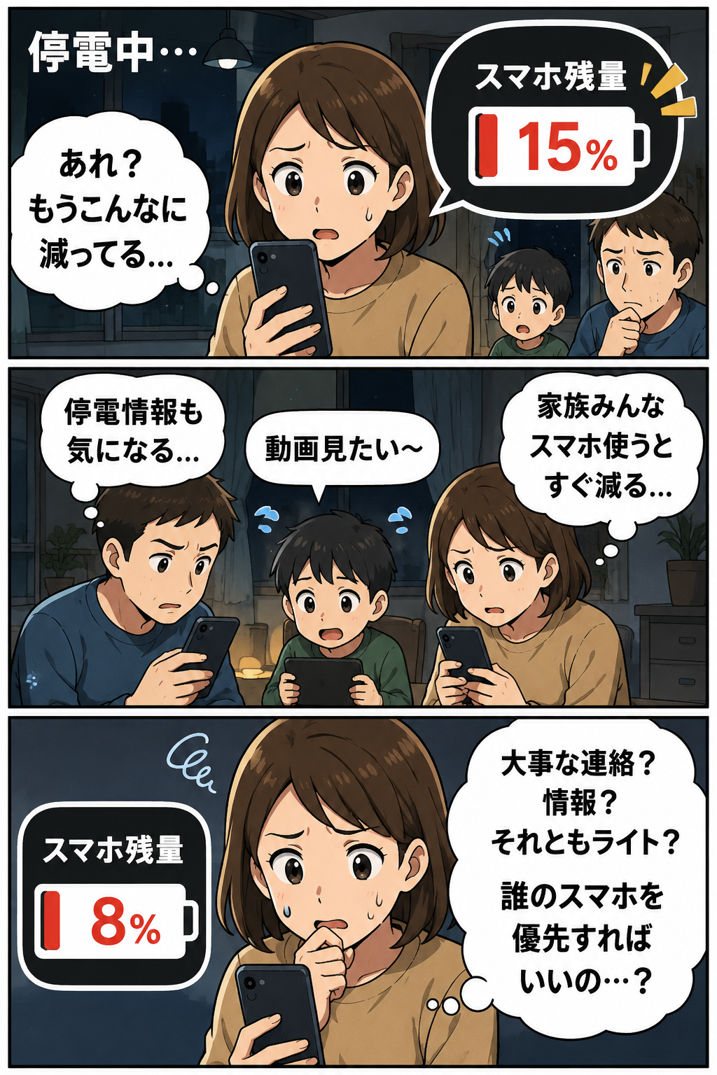 停電中にスマホの電池残量が減り、家族で連絡と情報確認の優先順位を考える漫画