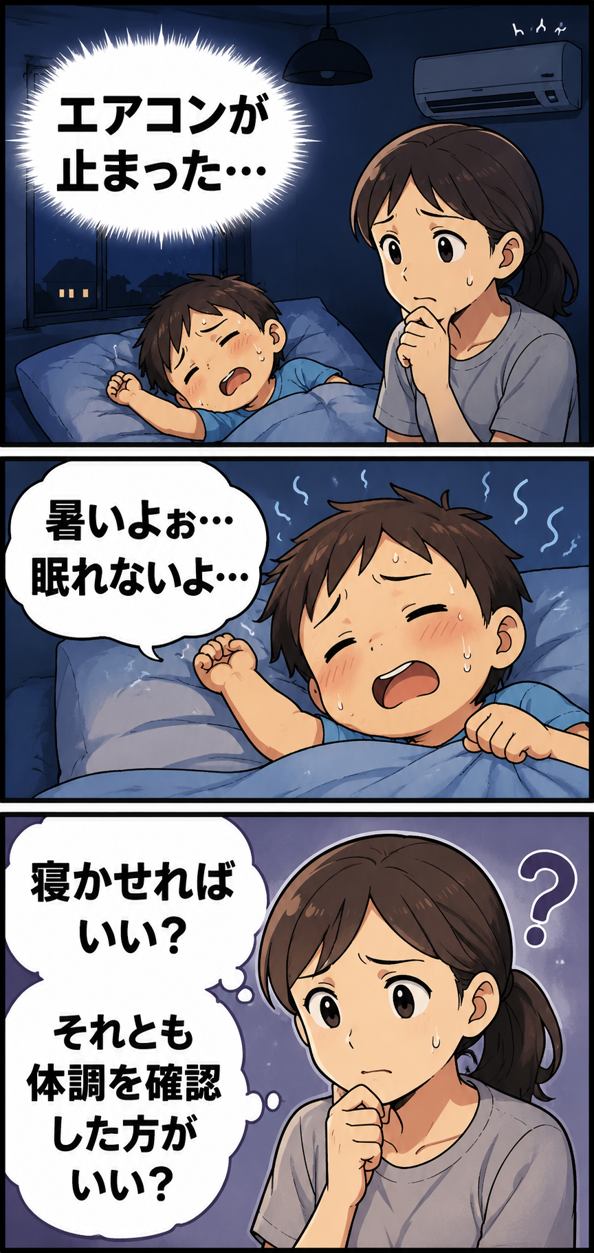 停電で暑くて眠れない子どもと、寝かせるか体調確認するか迷う母親の3コマ漫画
