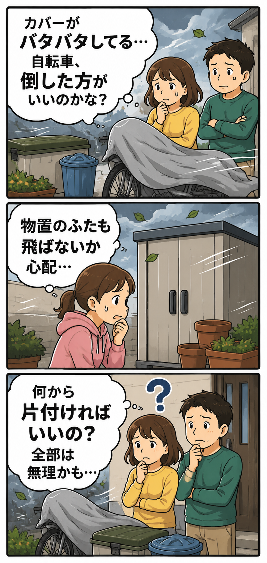 生成された画像:風の中での準備の悩み
