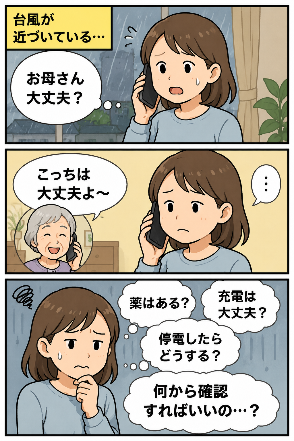 台風前に離れて暮らす親へ電話した家族が、薬や充電など何を確認すべきか迷う3コマ漫画