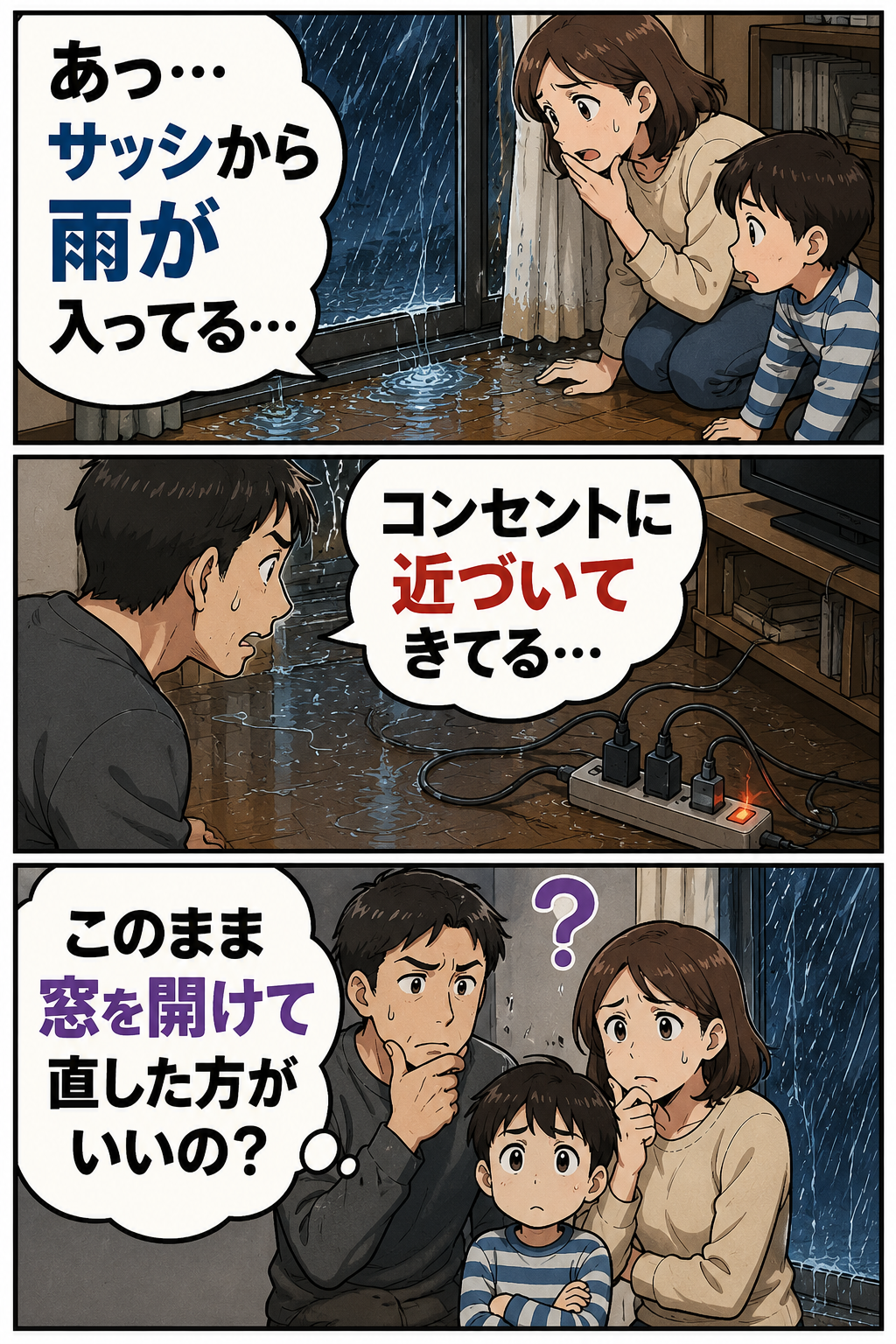 台風の夜に窓のサッシから雨が入り、家族が床の水とコンセントを見て迷っている3コマ漫画