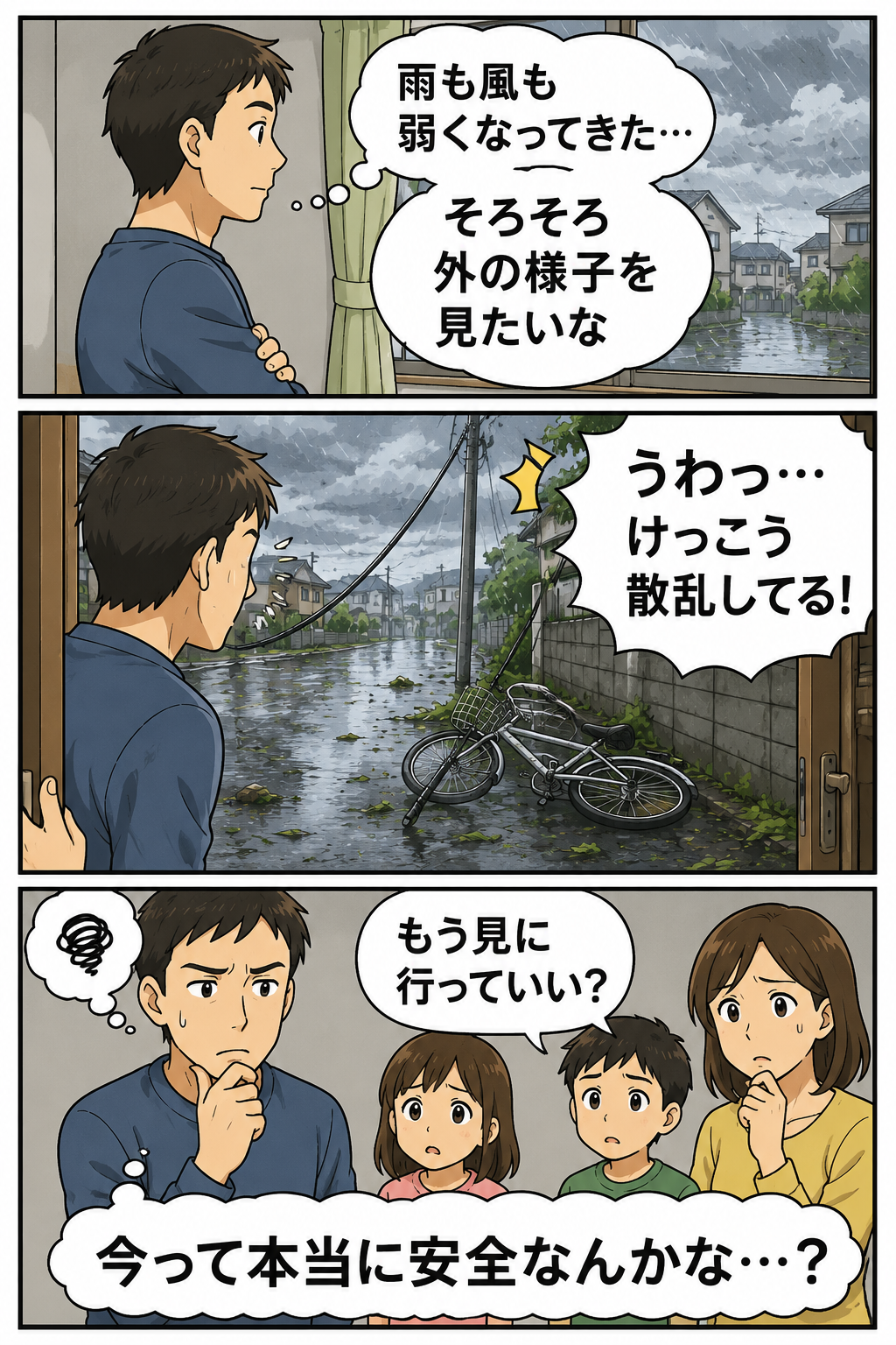 台風後に外へ出てよいか家族で迷う冒頭漫画