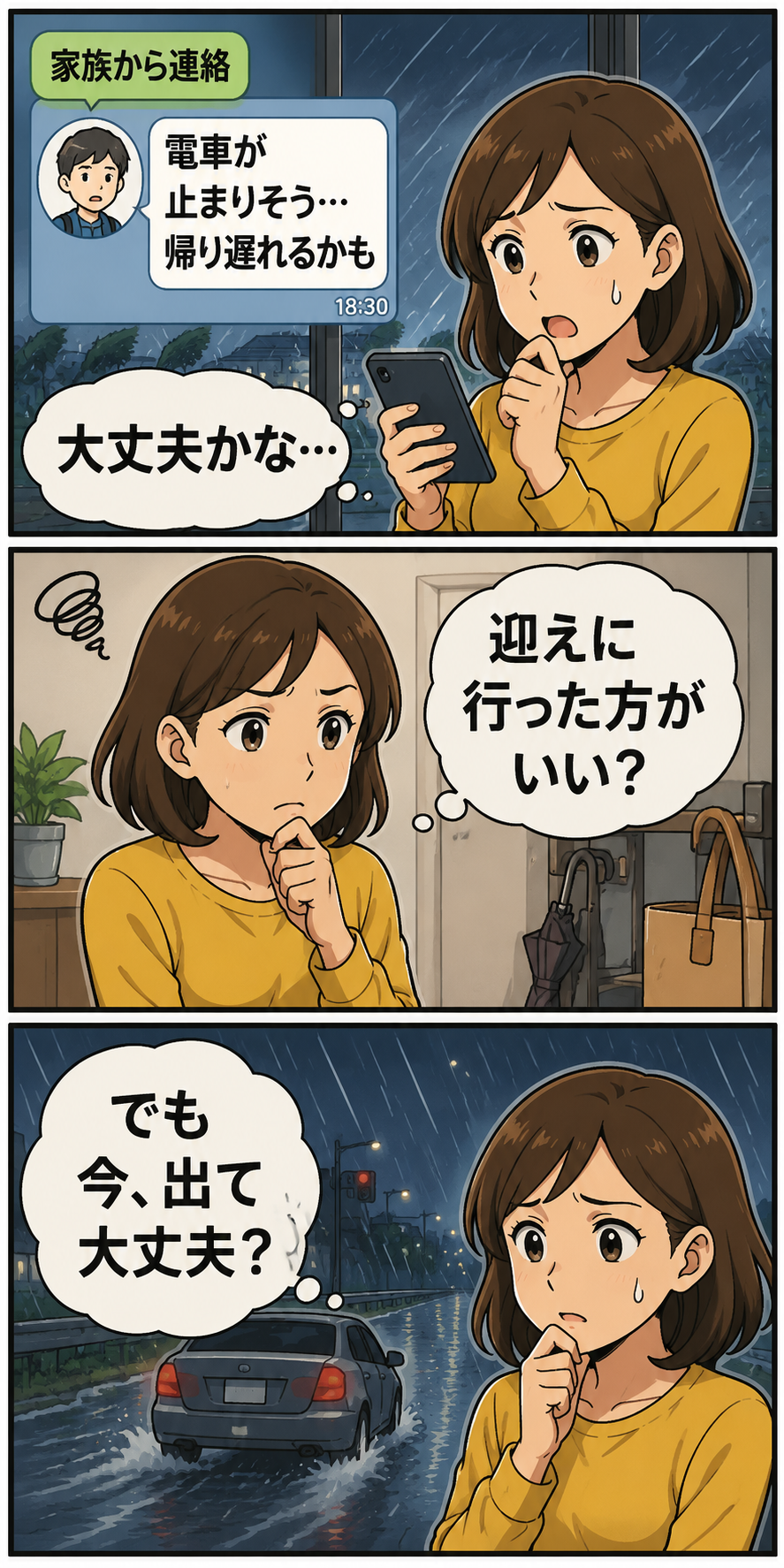台風で家族の帰宅が遅れそうな時に、迎えに行くべきか迷う家族の3コマ漫画