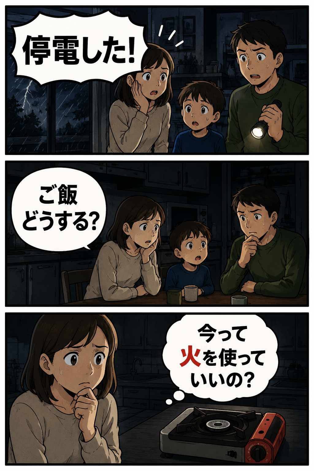 台風の夜に停電し、家族が食事と火の使用に迷っている3コマ漫画