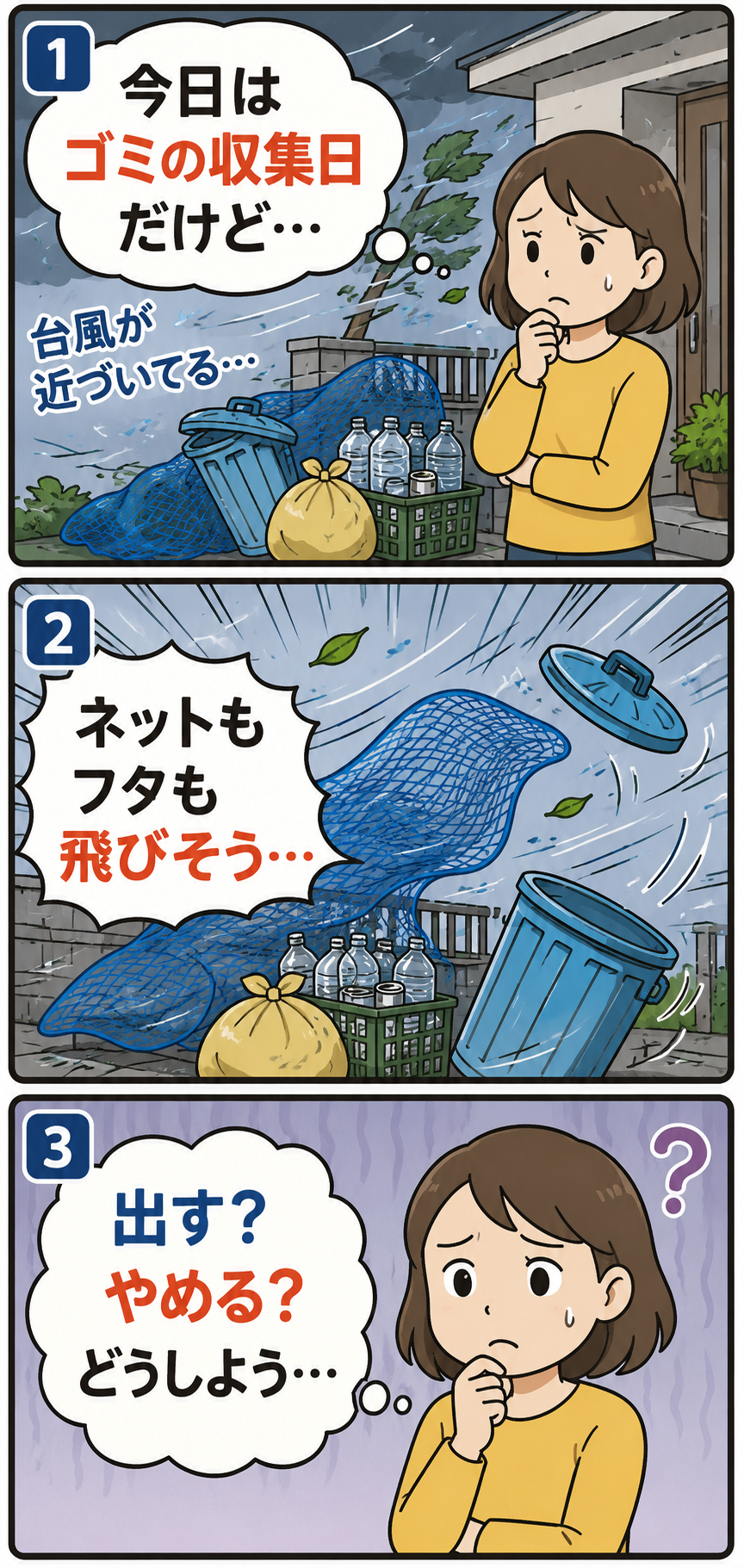 台風前の朝にゴミを出すか迷う女性の3コマ漫画