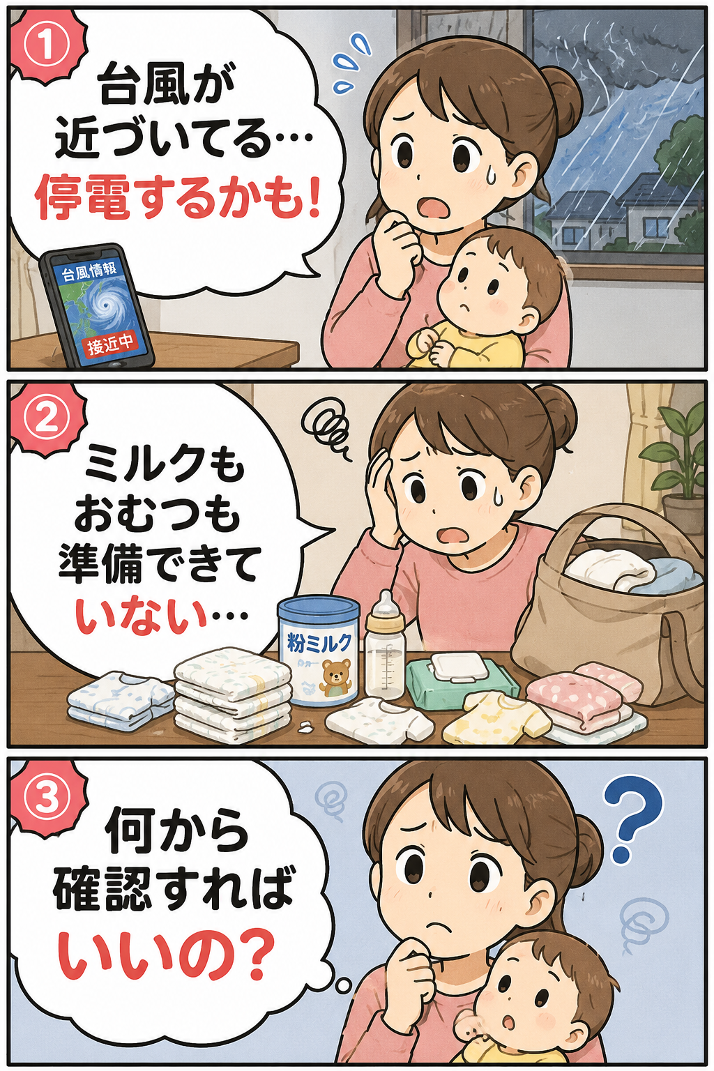 台風前に赤ちゃん用品のミルクやおむつが準備できていないことに気づき迷う母親の3コマ漫画