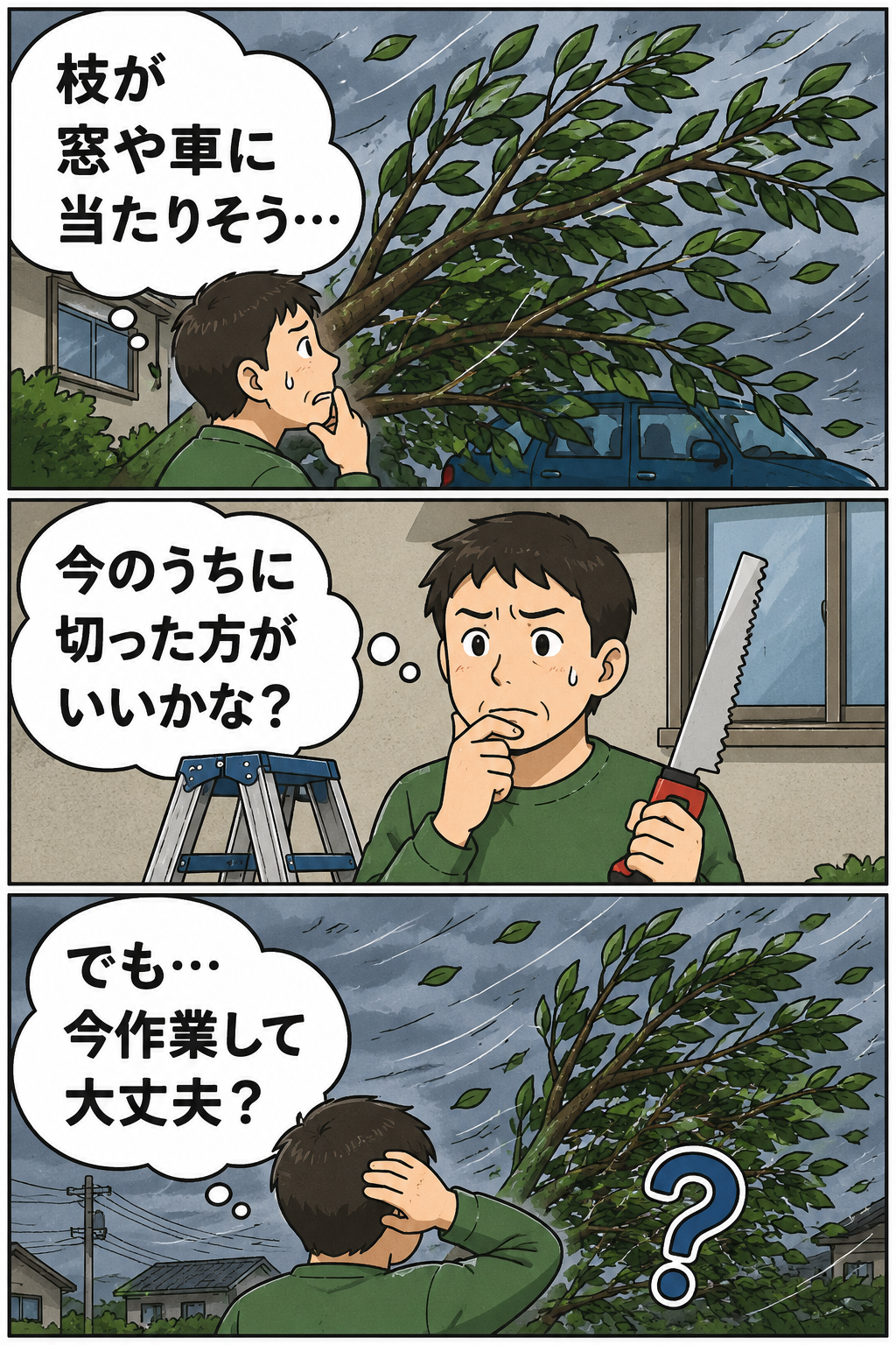台風前に庭木の枝を切るべきか迷う人の3コマ漫画
