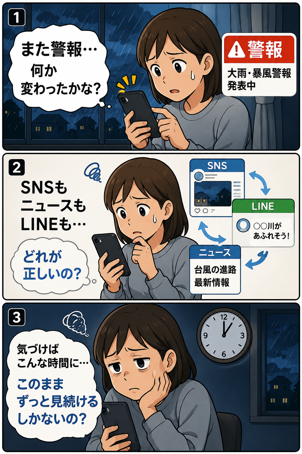 台風の夜にSNSやニュースを見続けて不安が増し、眠れなくなっている人の3コマ漫画