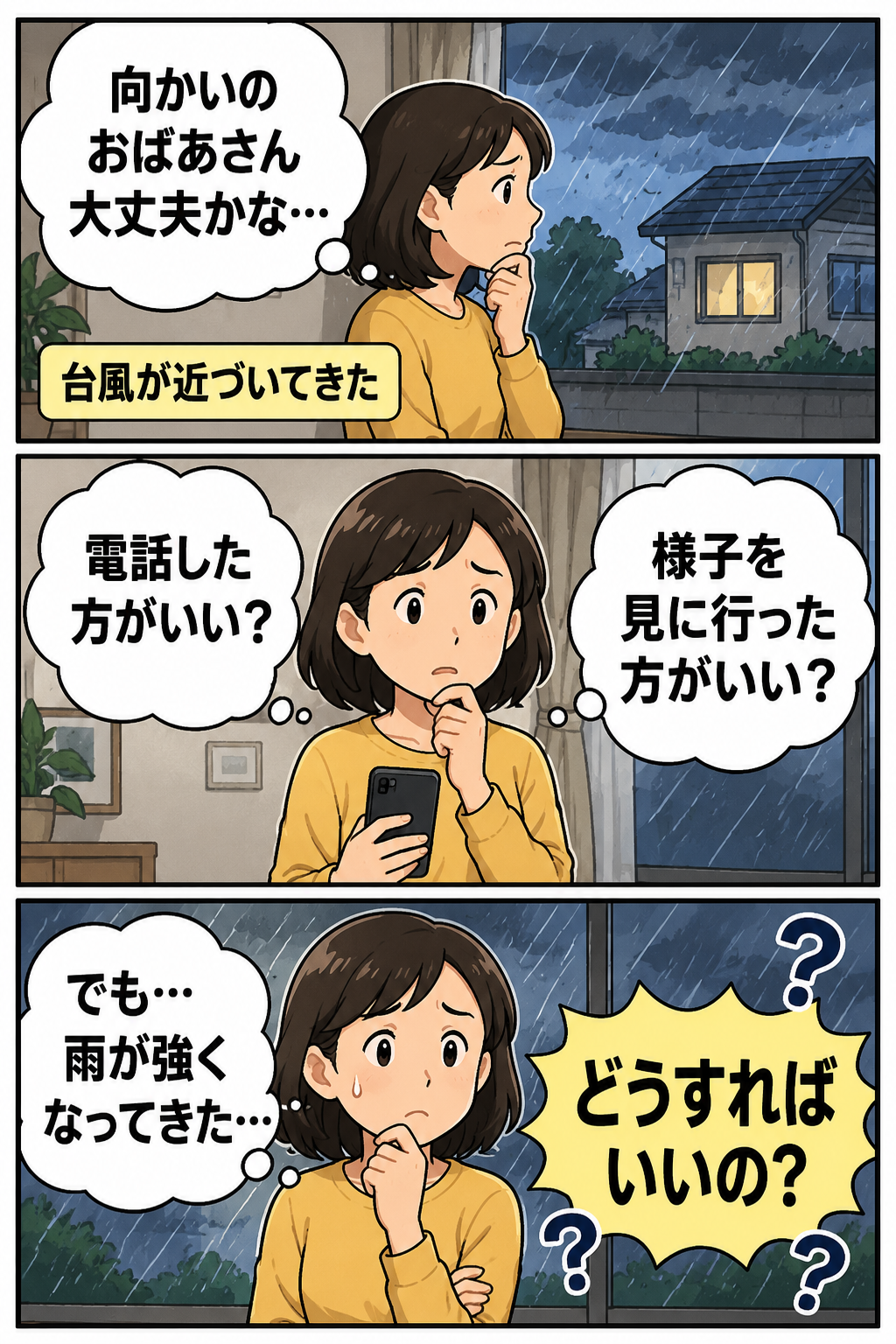 生成された画像:台風の中で悩む思い