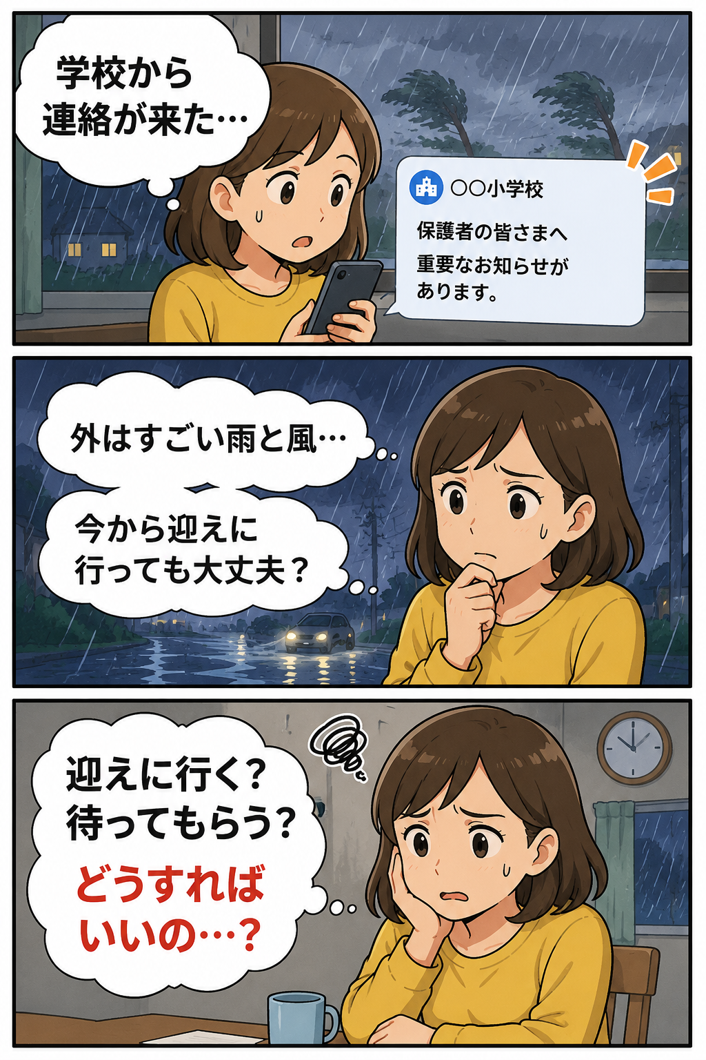 生成された画像：台風の日の迎えの決断