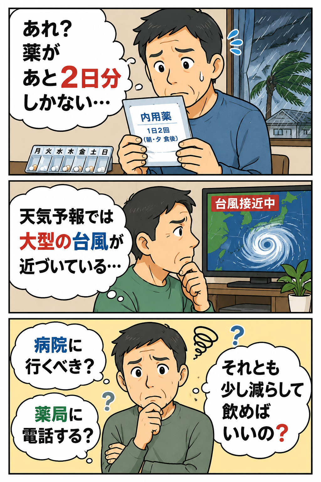 台風前に薬が残り少なくなり、病院や薬局への相談で迷う男性の冒頭漫画