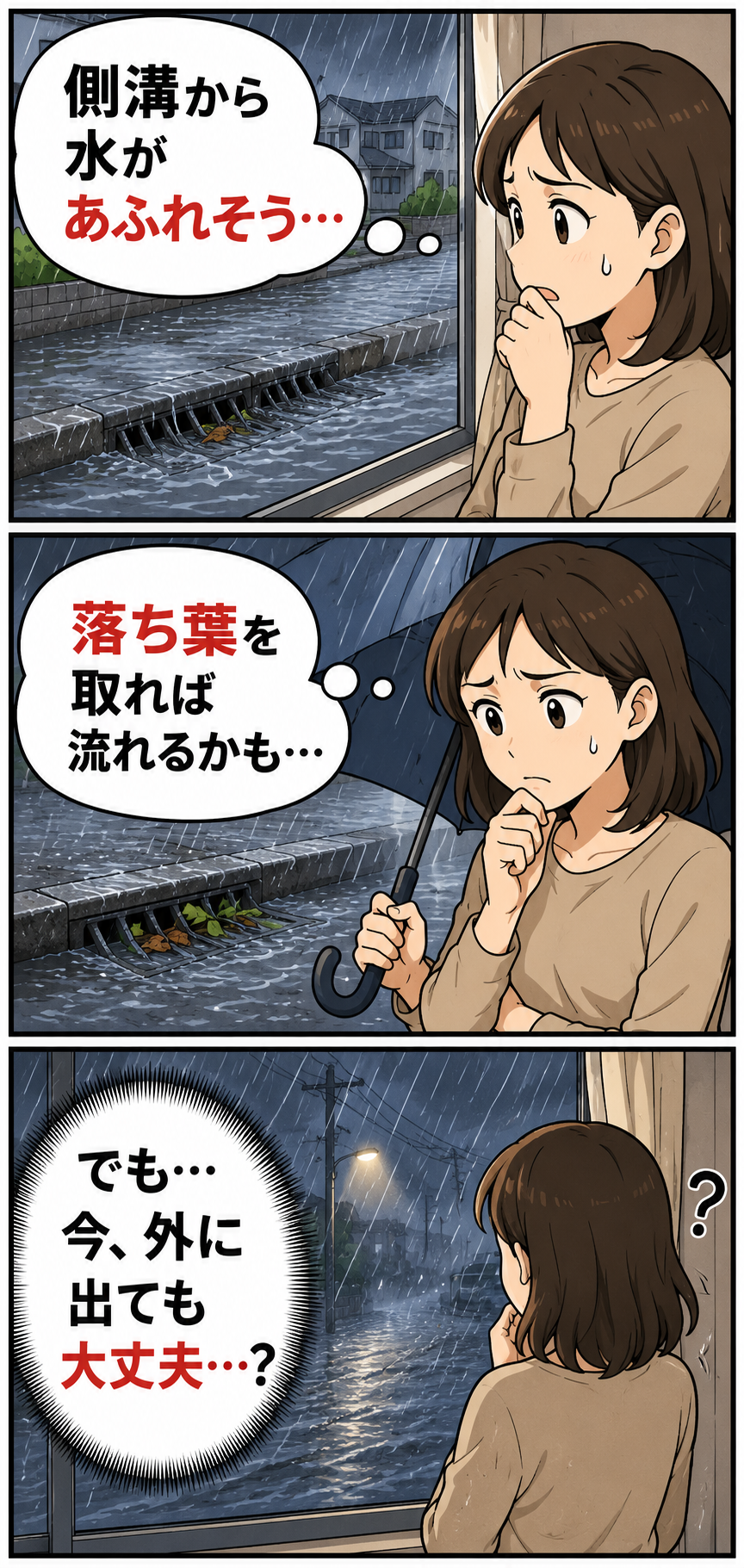 台風の大雨で側溝があふれそうになり、外へ出るべきか迷う人物の3コマ漫画