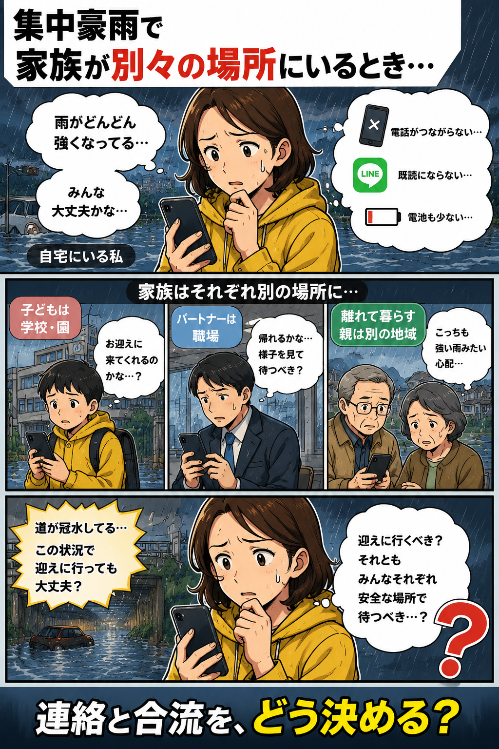 集中豪雨で家族が別々の場所にいて、連絡が取れず迎えに行くべきか迷う様子を描いた冒頭漫画