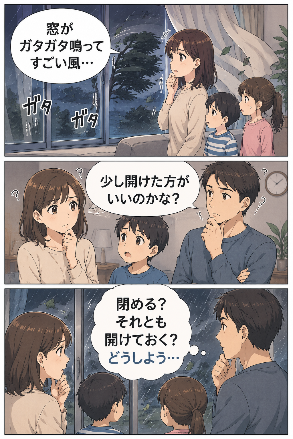 台風の夜に窓を開けるか閉めるか迷う家族の3コマ漫画