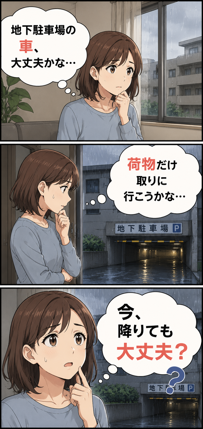 生成された画像：雨の日の駐車場の不安