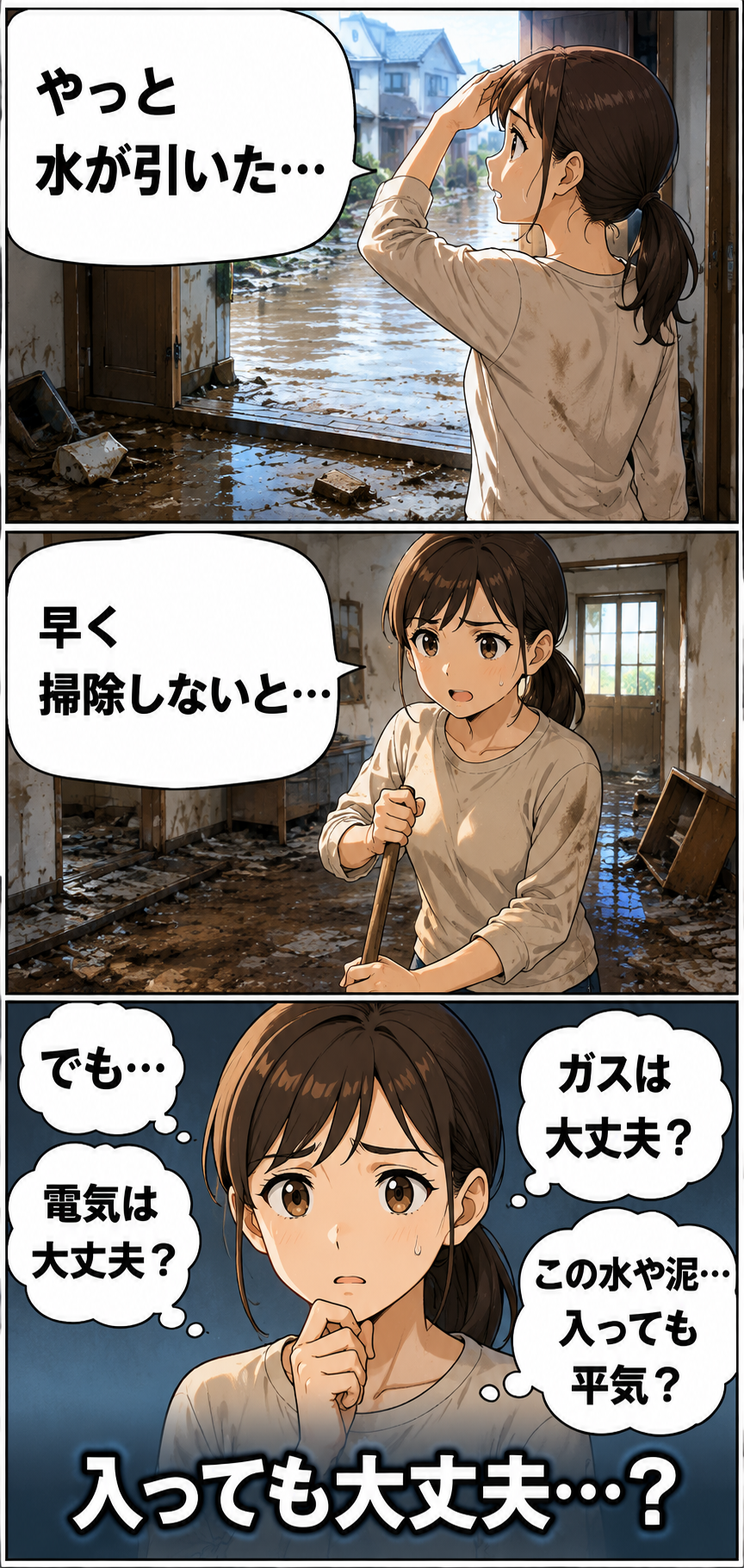 生成された画像:水害後の不安と決意