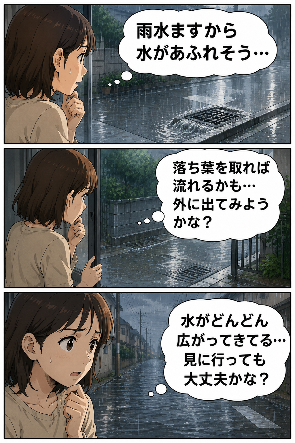 生成された画像：雨水の不安な瞬間