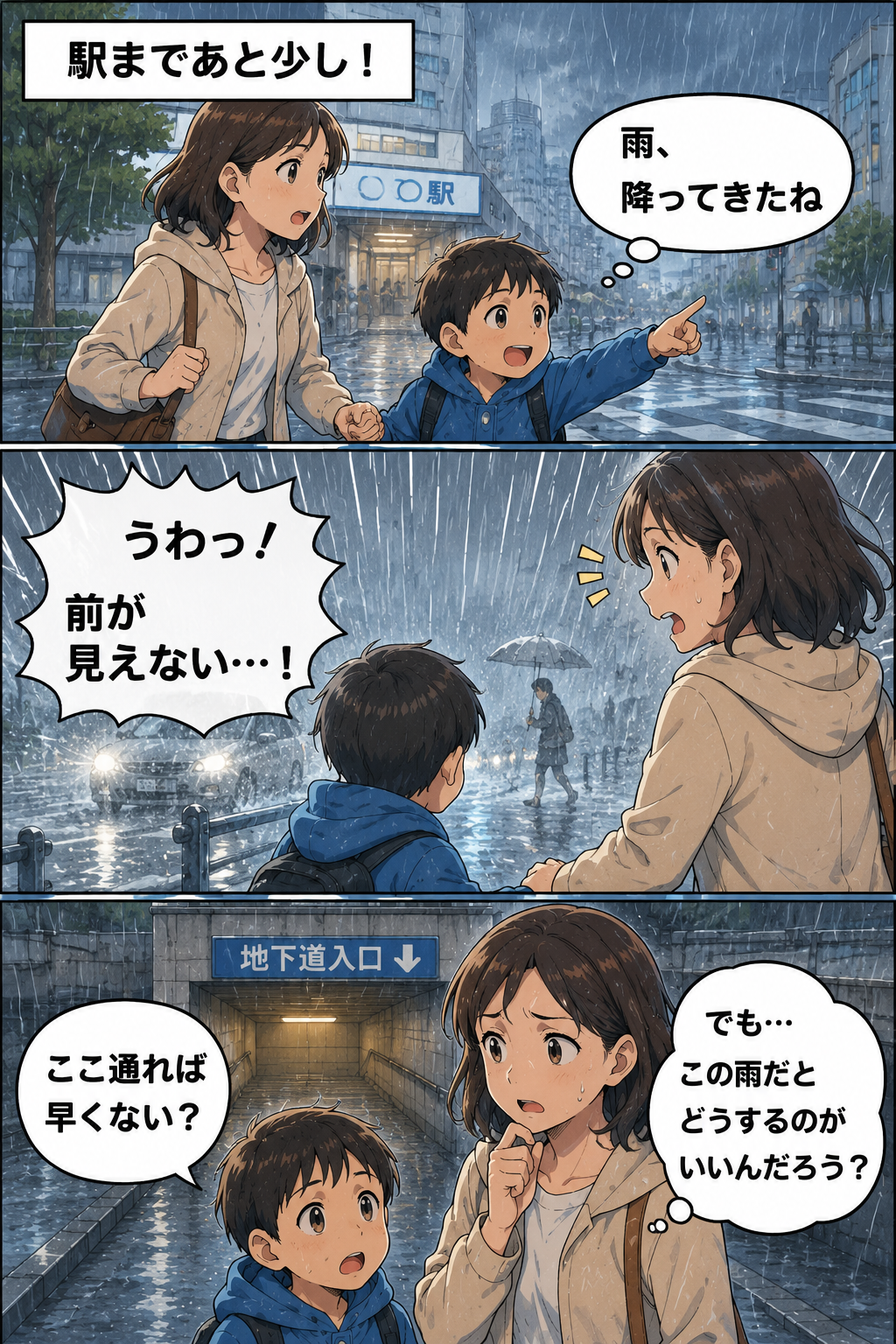生成された画像：激しい雨の中の決断