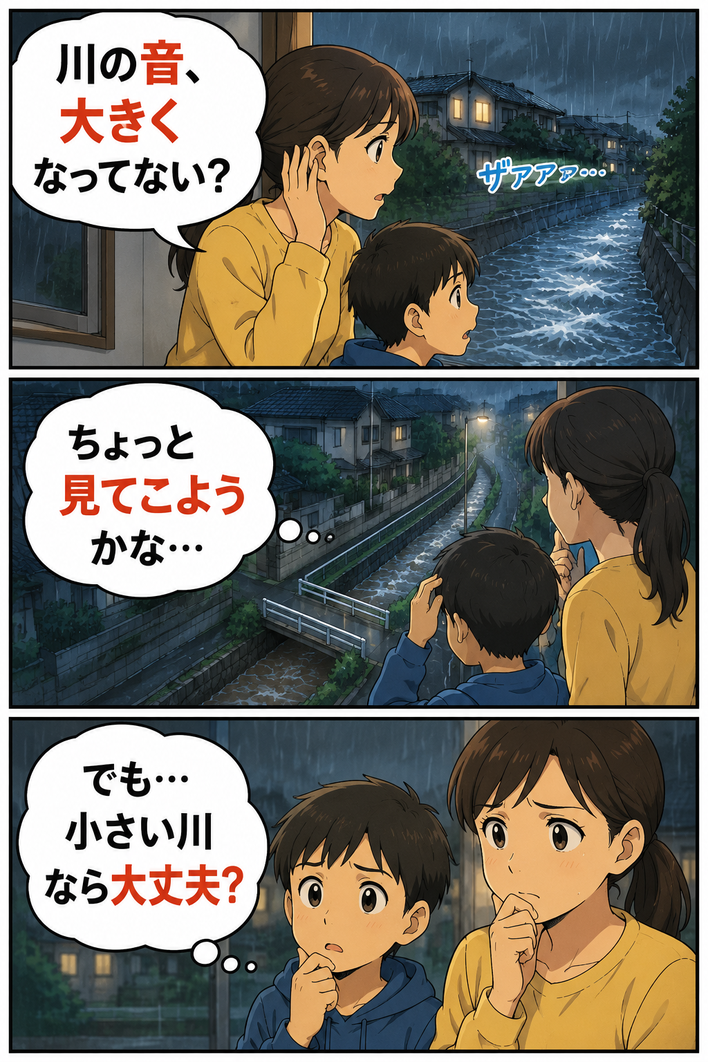 生成された画像:川の音と心配な夜