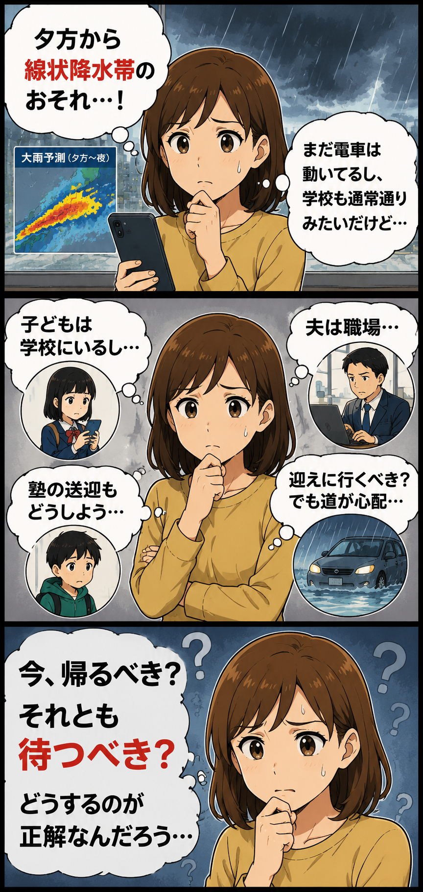 線状降水帯の前に帰宅するか待機するか迷う家族の冒頭漫画