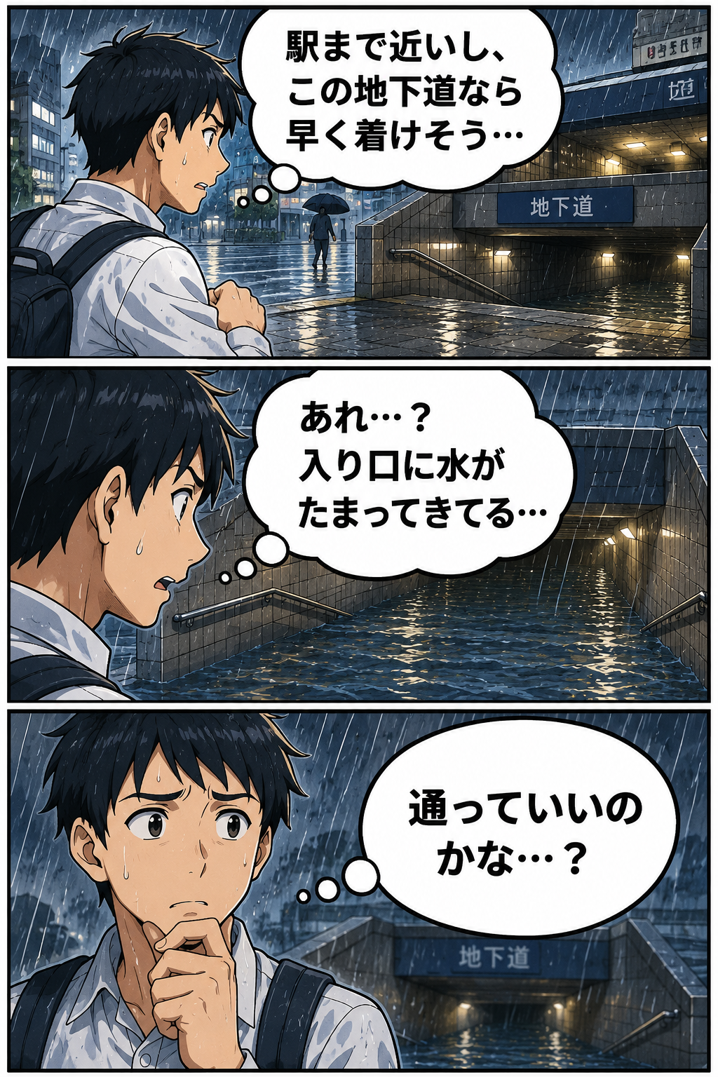 ゲリラ豪雨で地下道入口の水を見て通行を迷う人物の3コマ漫画