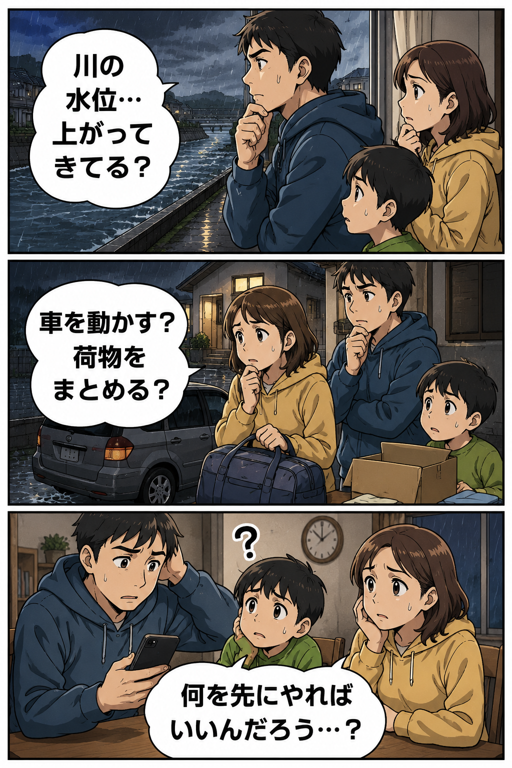 堤防近くの家庭が水位上昇前に車や荷物の準備で迷う3コマ漫画