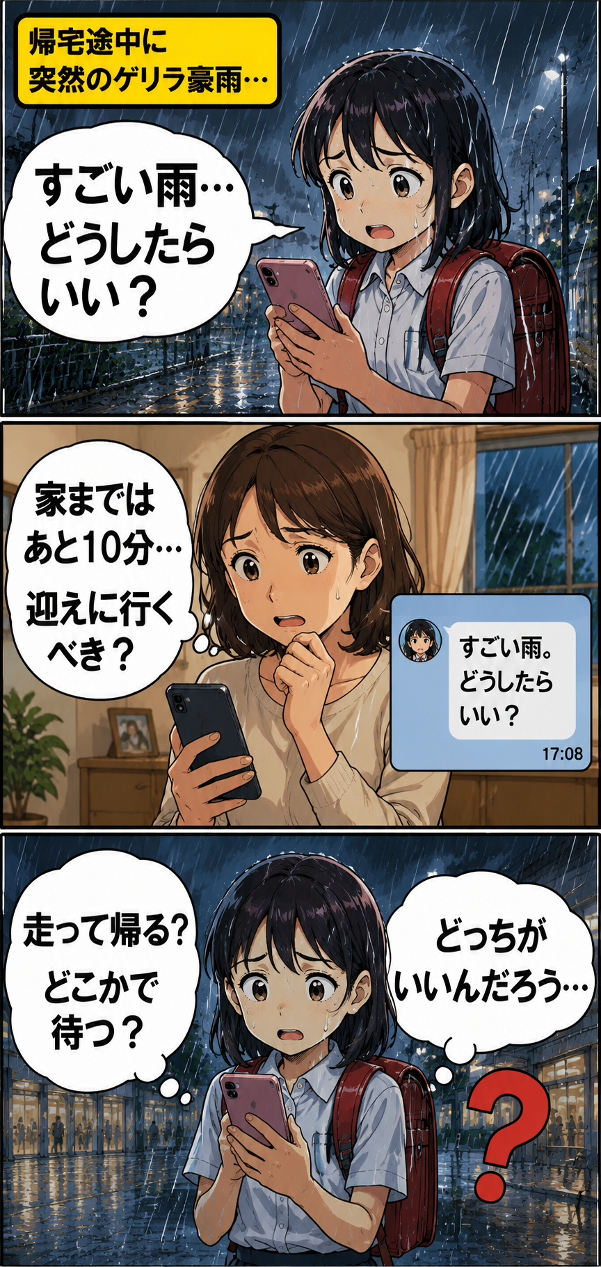 ゲリラ豪雨で帰宅途中の子どもが、走って帰るか待つか迷っている冒頭漫画