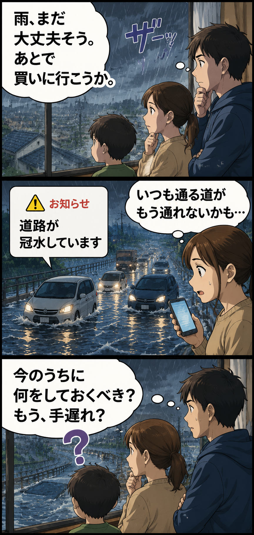 線状降水帯の大雨で道路が冠水し始め、家族が今のうちに何をすべきか迷う漫画