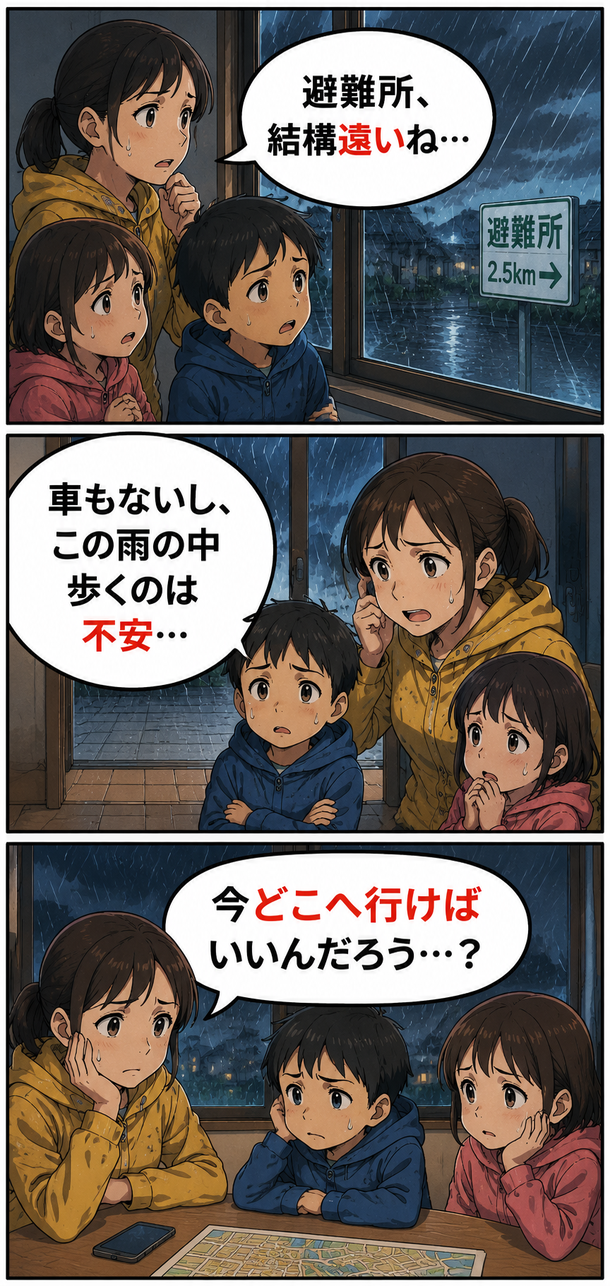 大雨で車がない家庭が避難先に迷っている3コマ漫画