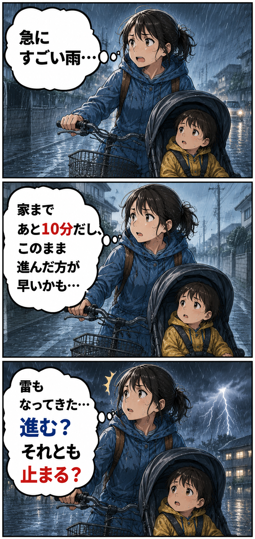 ゲリラ豪雨で自転車とベビーカー移動中に進むか止まるか迷う親子の3コマ漫画