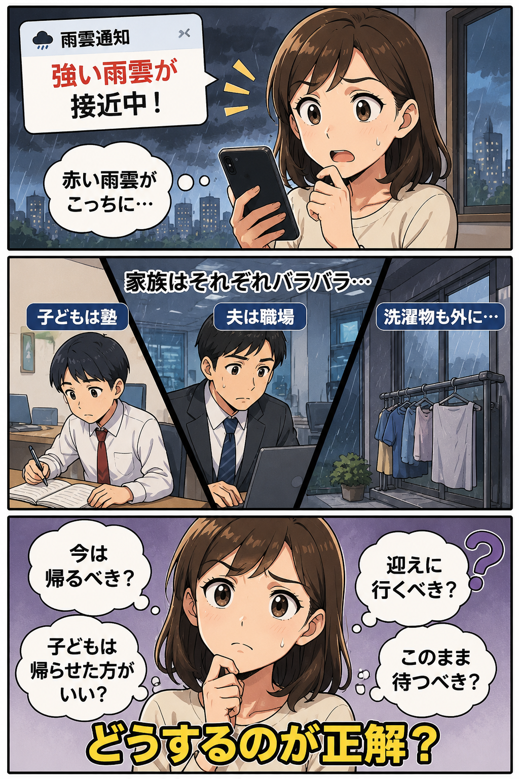 雨雲レーダーの赤い表示を見て家族の帰宅や待機に迷う母親の3コマ漫画