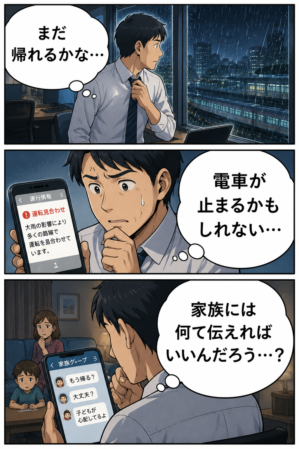 大雨で職場から帰れないかもしれない会社員が家族への連絡内容に迷う冒頭漫画