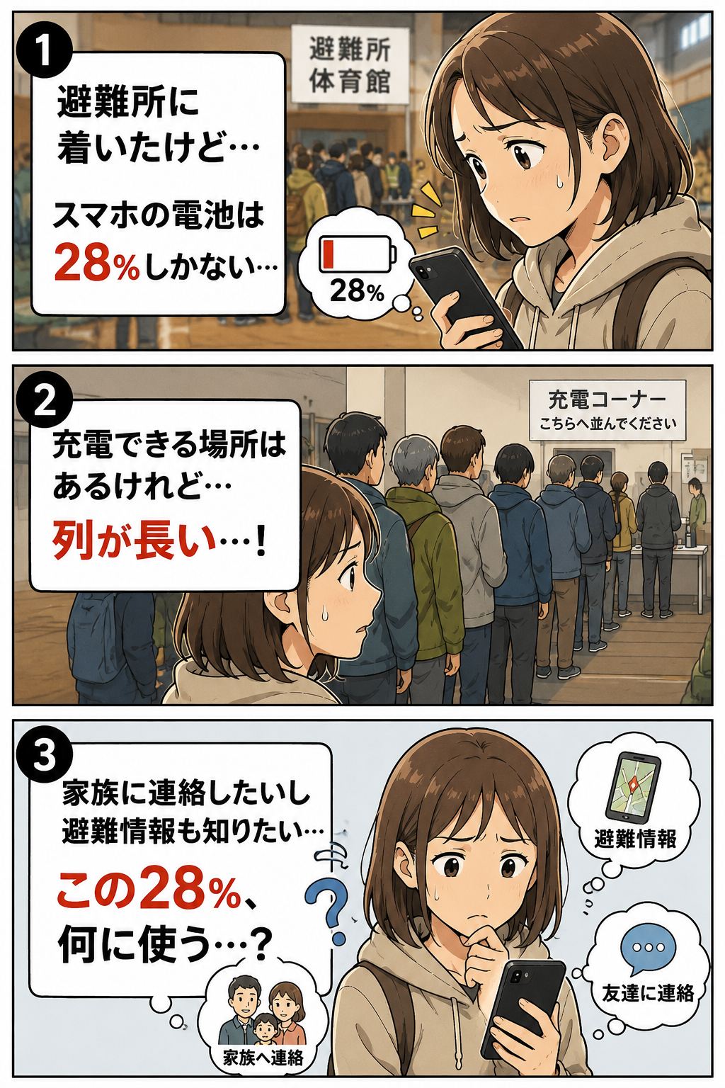 避難所でスマホ残量28%を見て、充電列が長い中で家族連絡と避難情報確認の優先に迷う女性の3コマ漫画
