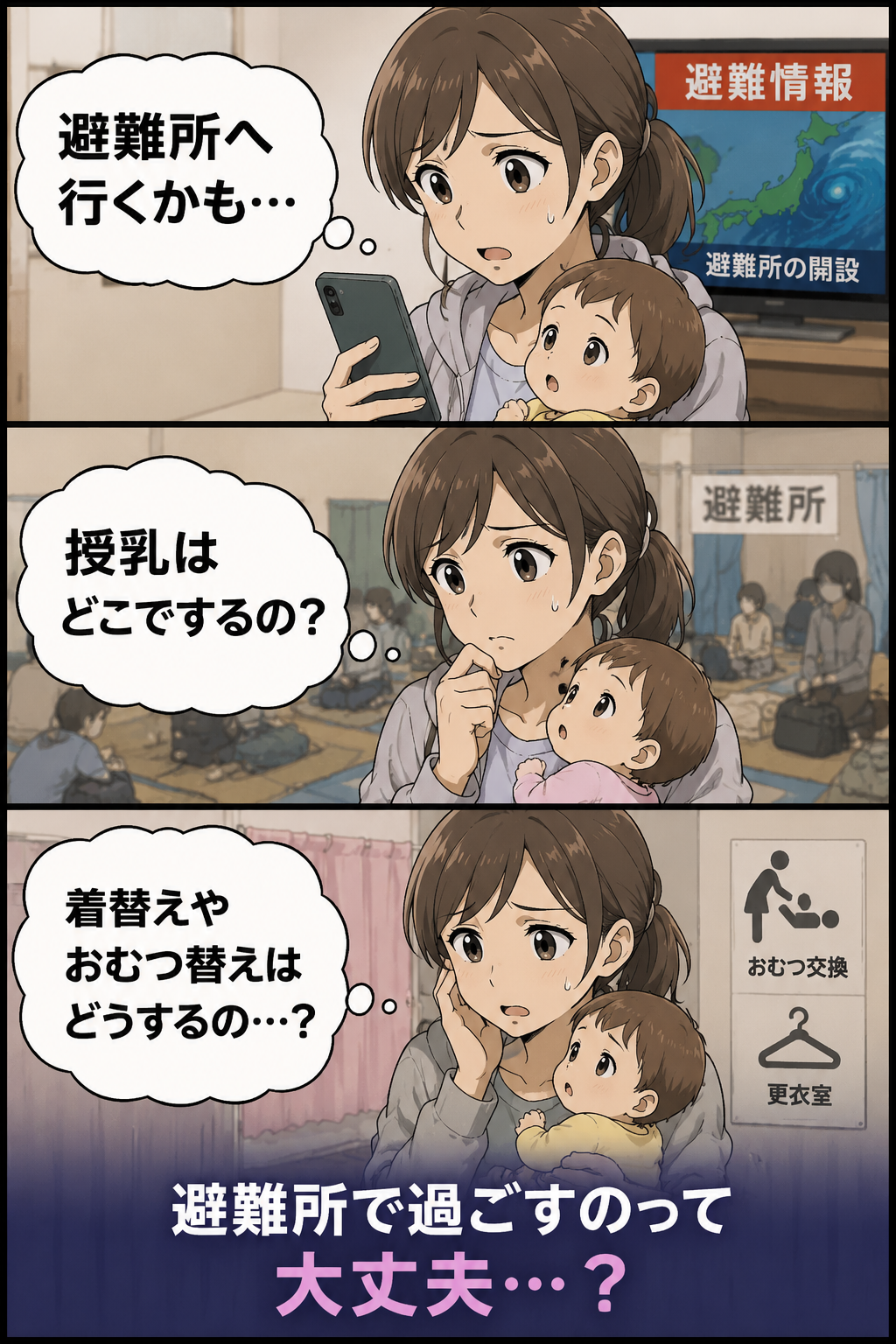 避難所で授乳や着替えやおむつ替えができるか不安に感じる母親と赤ちゃんの3コマ漫画