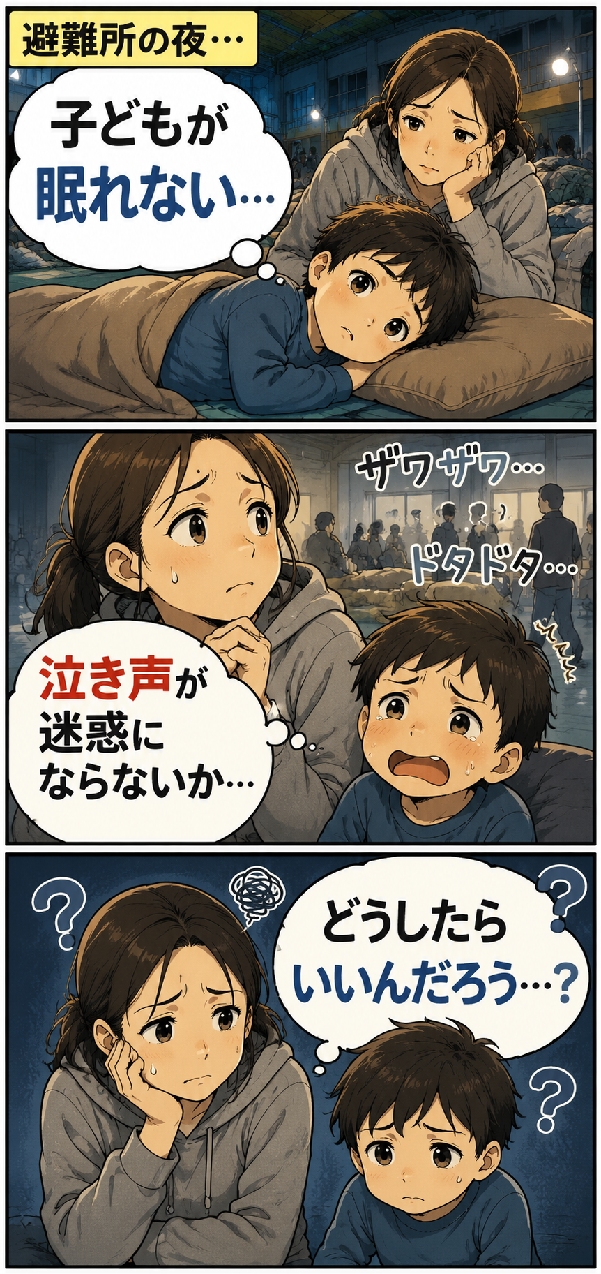 避難所の夜に眠れない子どもと不安そうな親を描いた3コマ漫画