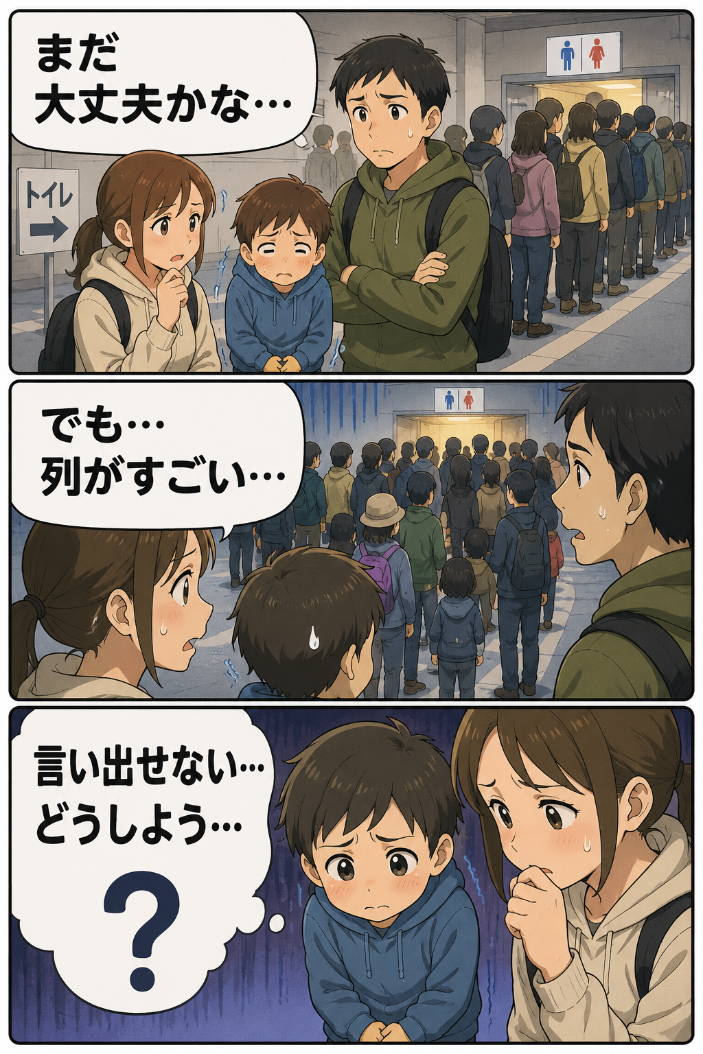避難所のトイレ行列を前に子どもが我慢して言い出せず困っている冒頭漫画