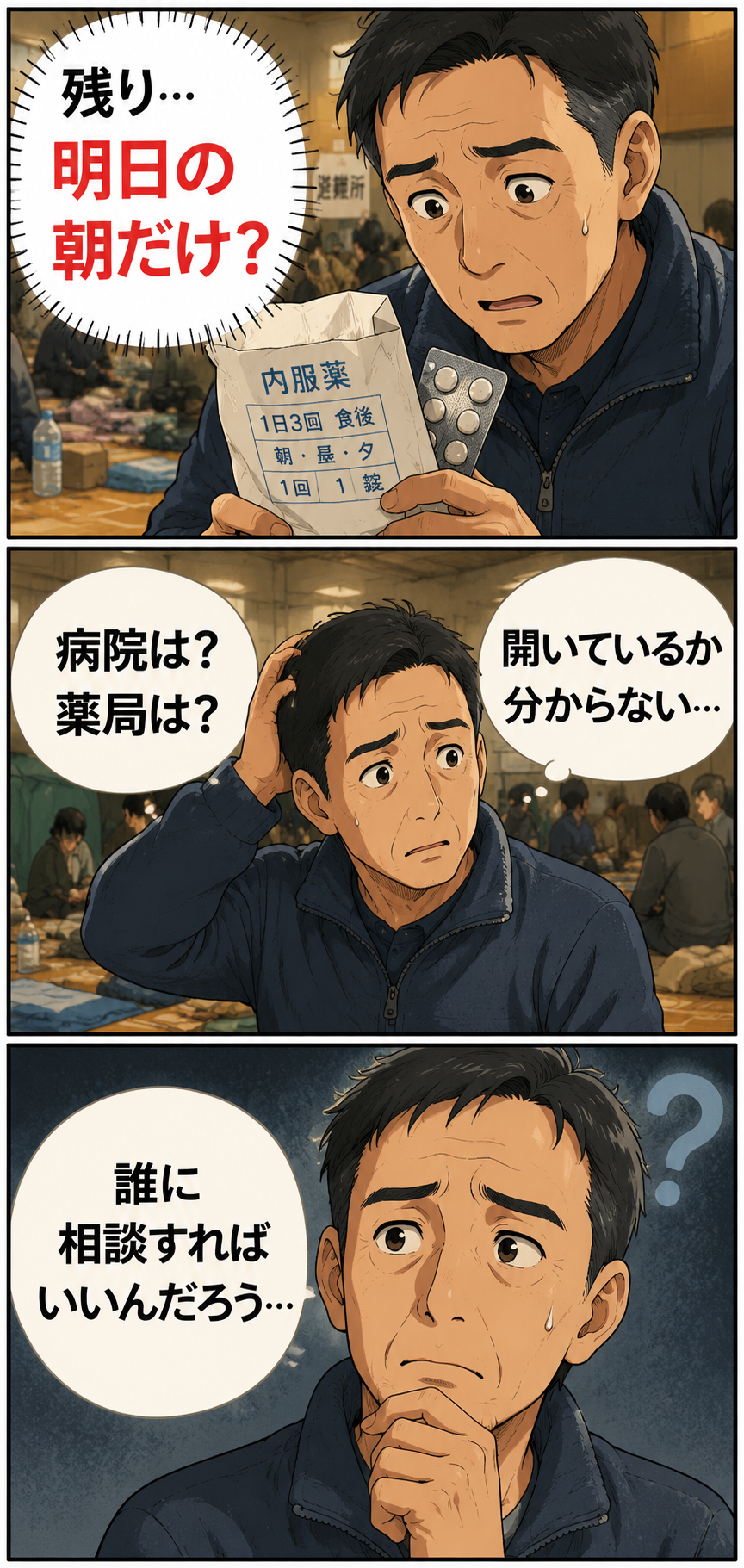避難所で薬が足りず、誰に相談すればよいか迷う男性の3コマ漫画