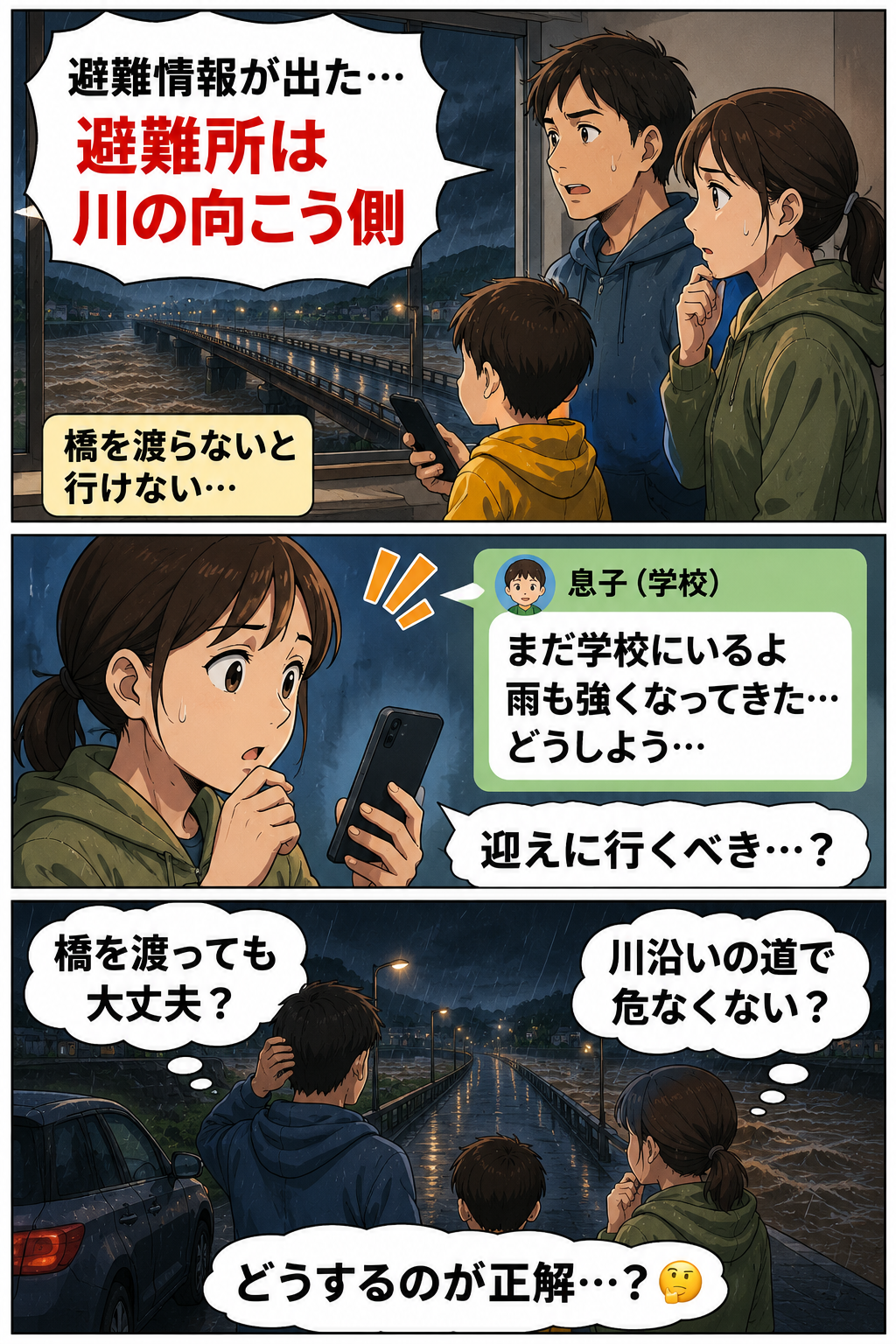 避難所が川の向こう側にあり橋を渡るか迷う家族の3コマ漫画