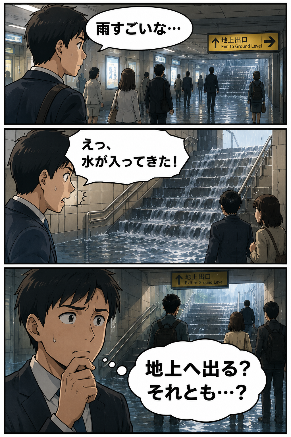 地下街や駅地下で水が入ってきた時に地上へ出るか迷う会社員の3コマ漫画