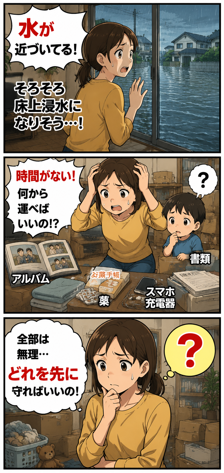 床上浸水が迫る中で母親が薬や書類、スマホ充電器、アルバムを前に最初に守るものを迷っている漫画