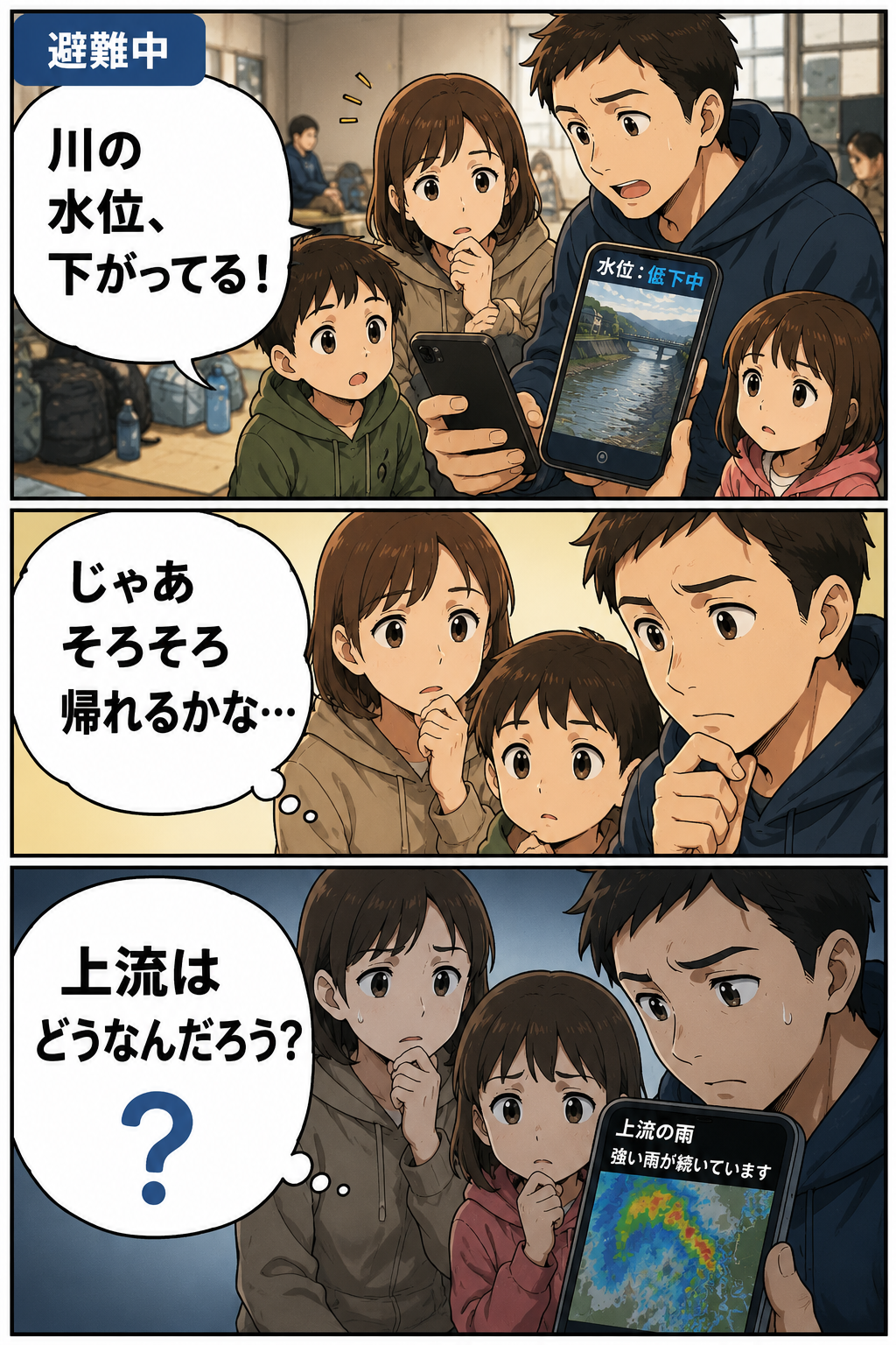 川の水位が下がって帰宅を迷う家族の3コマ防災漫画