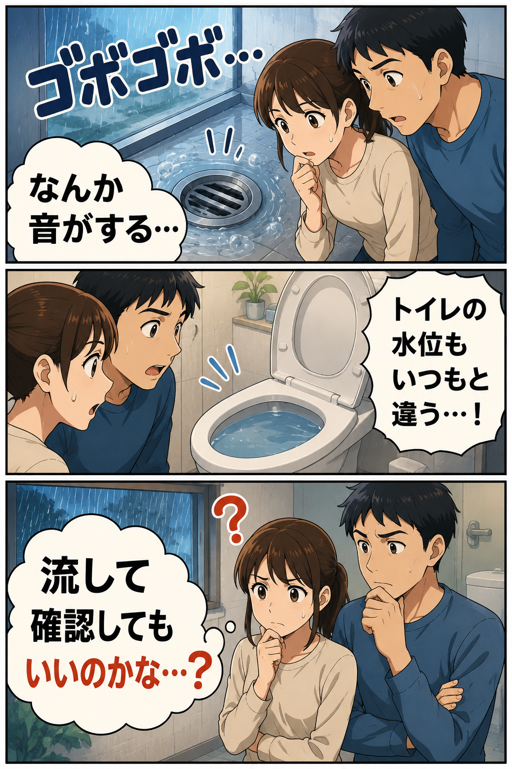 大雨時に排水口の異音とトイレ水位の異変に気づき、流して確認してよいか迷う夫婦の3コマ漫画