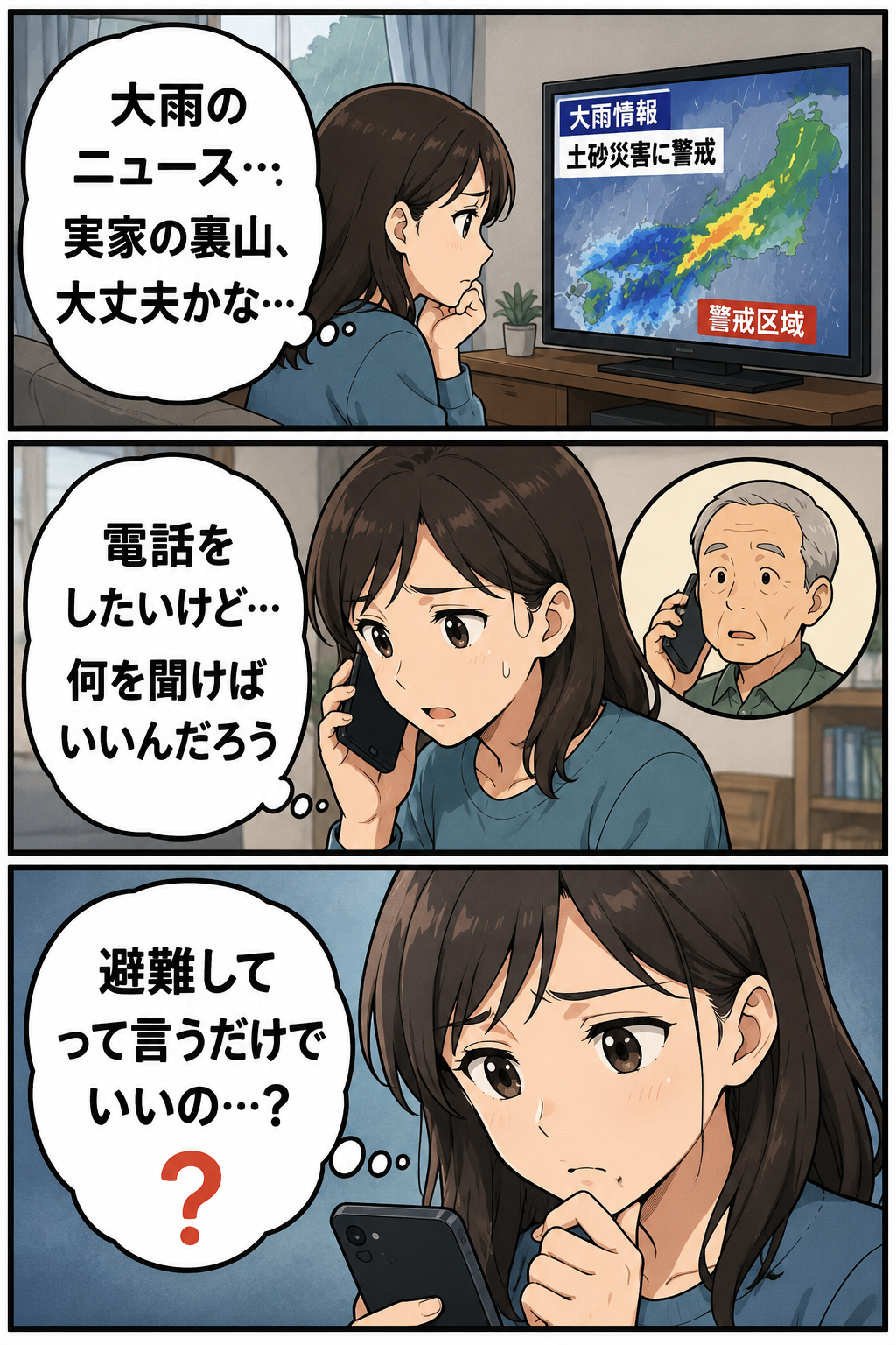 大雨時に実家の裏山を心配し、親へ何を聞けばよいか迷う離れて暮らす家族の漫画